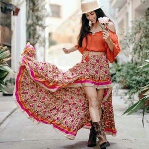 Boho Red Floral print High Low Maxi Skirt